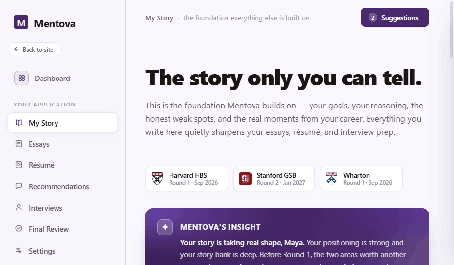 Consira my Story screen with positioning statement and school targets