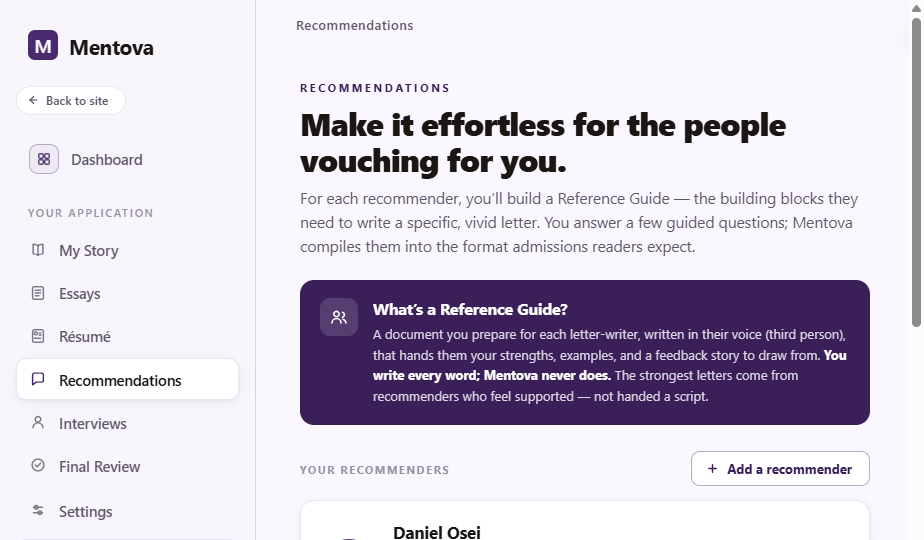 Consira recommendations screen explaining the Reference Guide