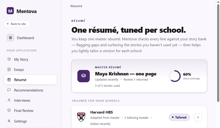 Consira résumé screen with master résumé and per-school tailoring
